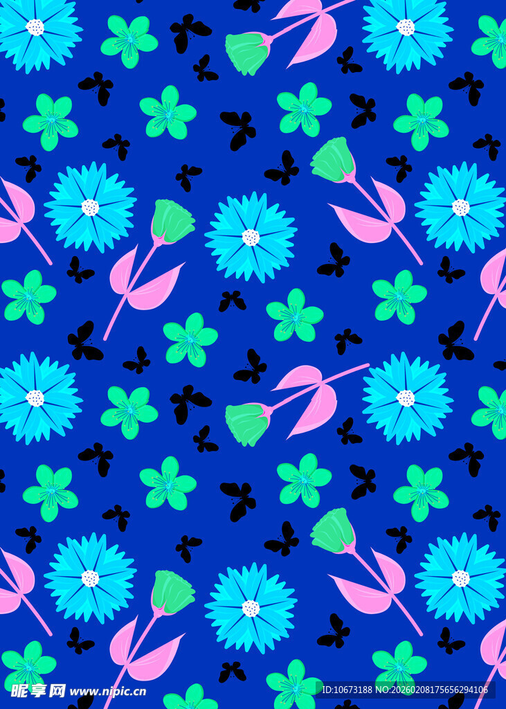 蓝底多彩花卉图案纹理