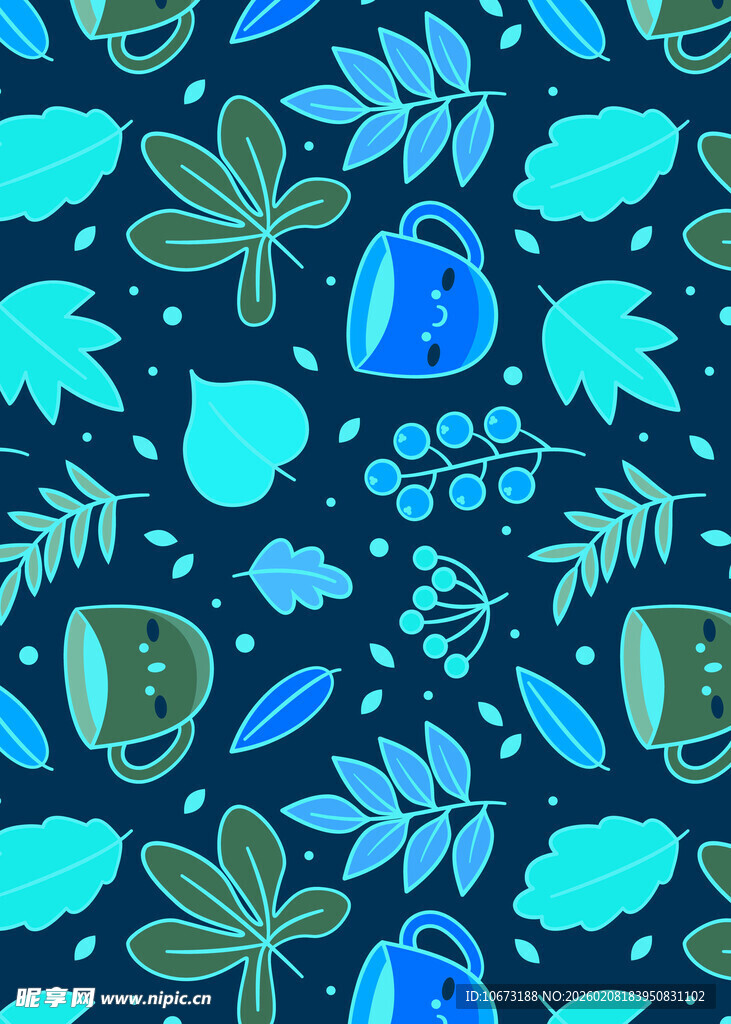 蓝色植物图案无缝背景