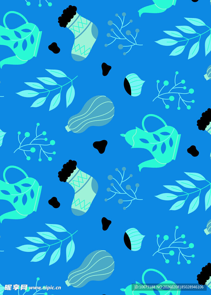 蓝绿调清新植物图案背景