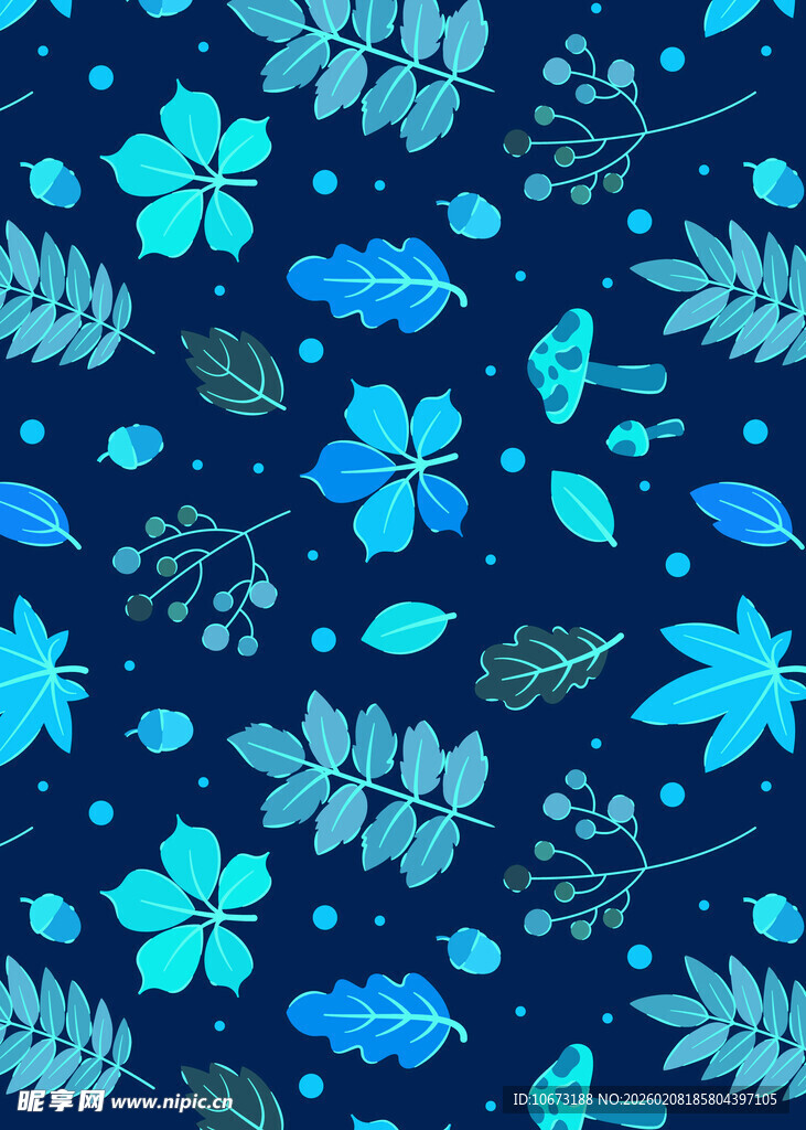 蓝色花卉植物无缝图案