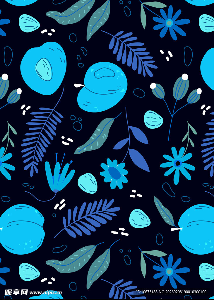蓝色花卉植物无缝图案