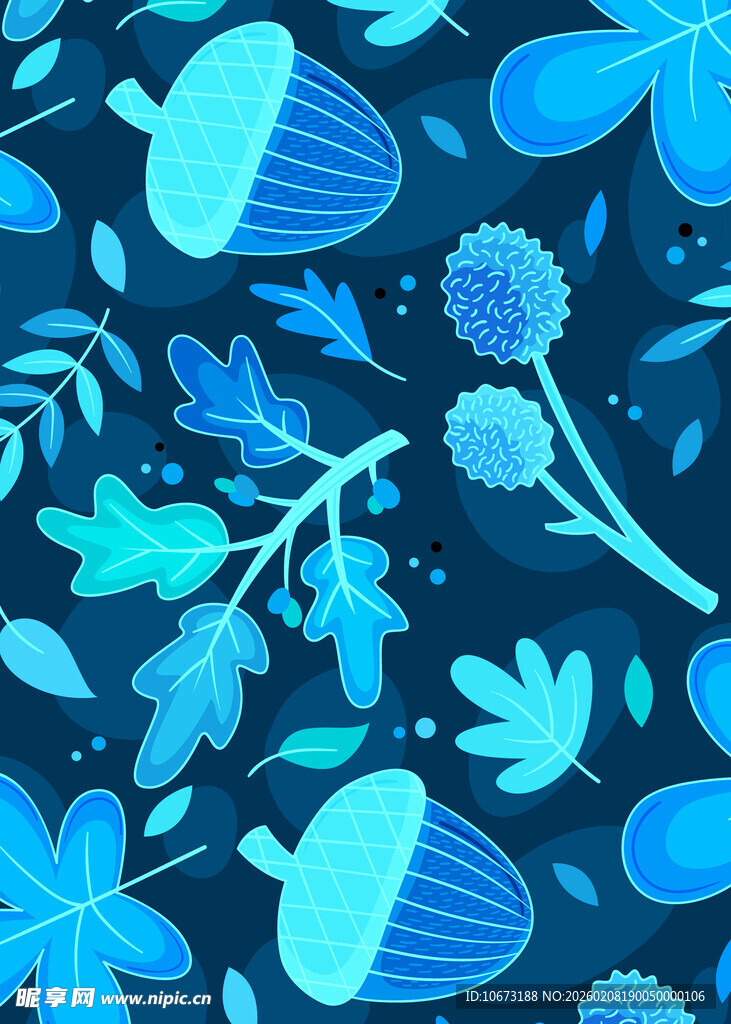 蓝调花卉橡果图案背景