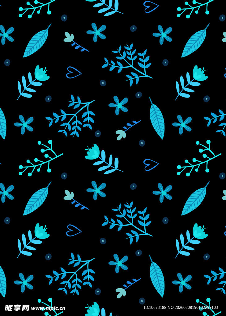 蓝色植物图案黑色背景纹理