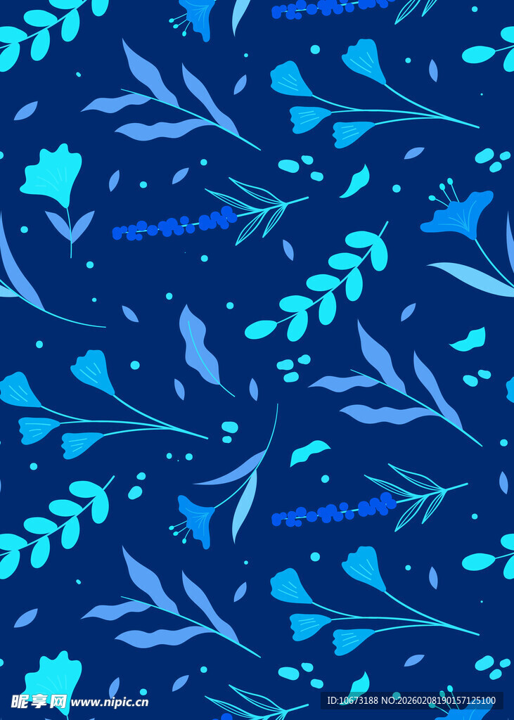 蓝色植物花纹无缝图案