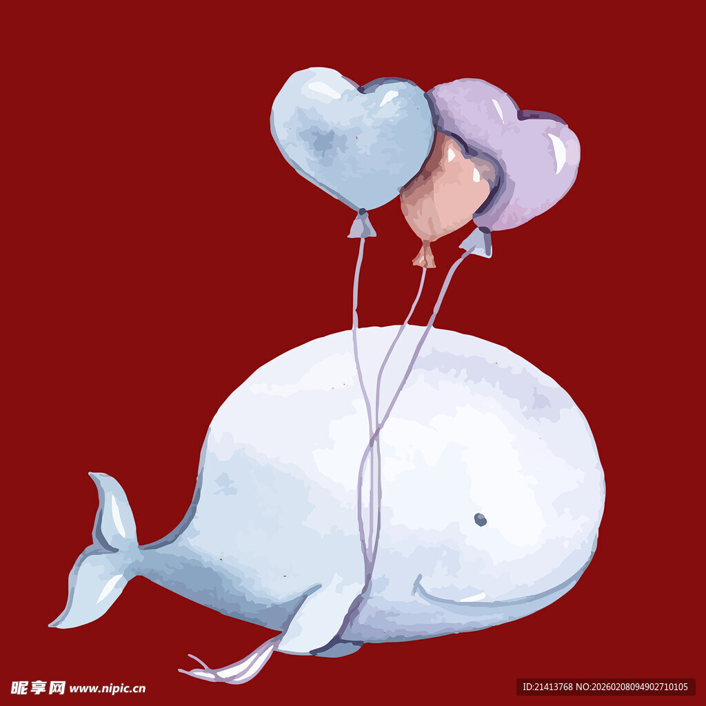 鲸鱼与爱心气球插画