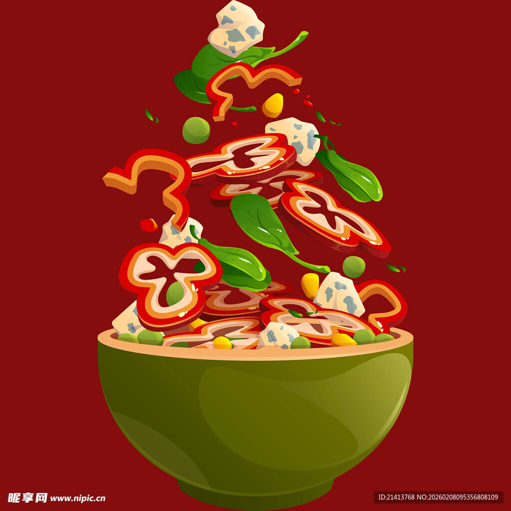 美味食材跃出绿色汤碗