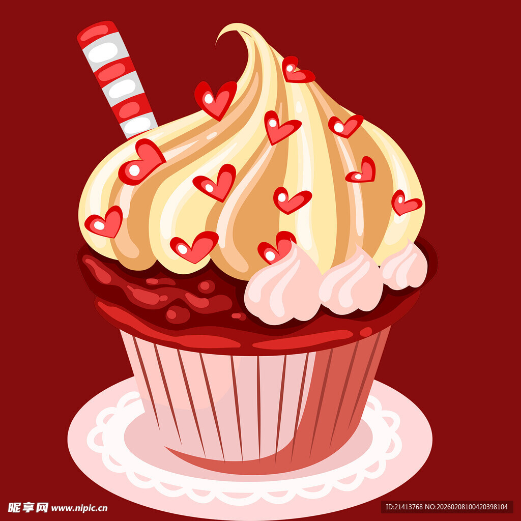 爱心装饰的美味纸杯蛋糕