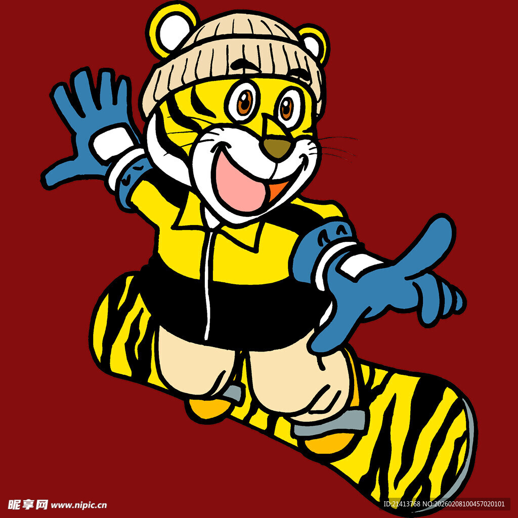 卡通老虎滑雪形象