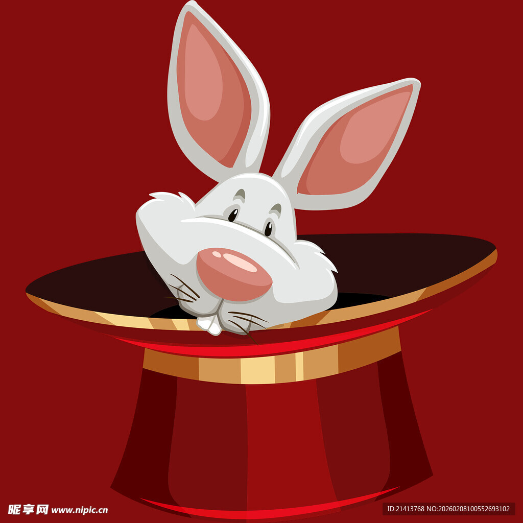 红底礼帽中的可爱白兔