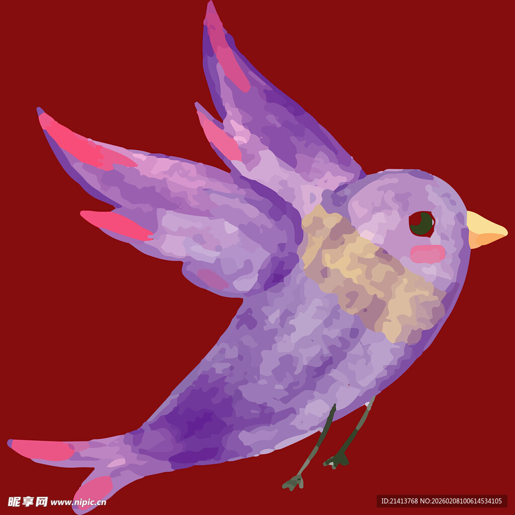 紫色飞鸟水彩画