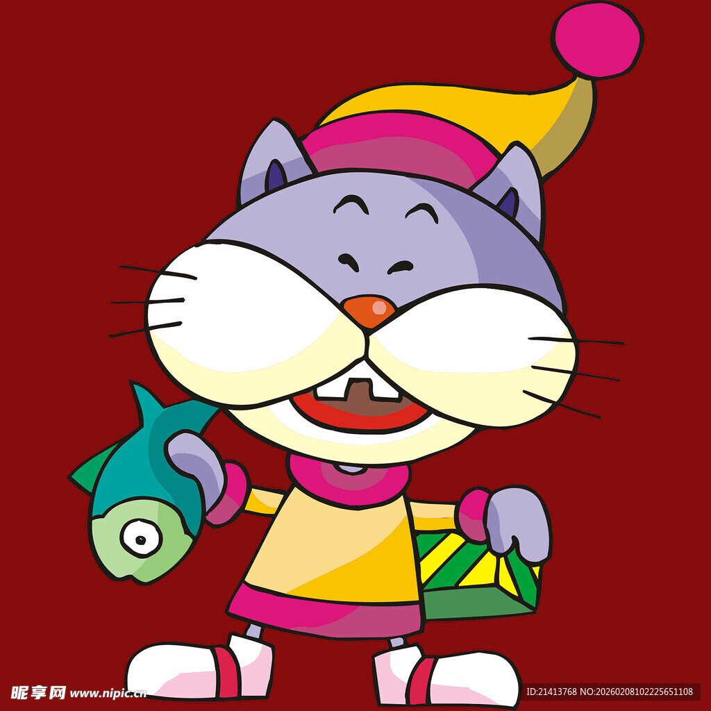 戴帽小猫手持鱼和礼物盒