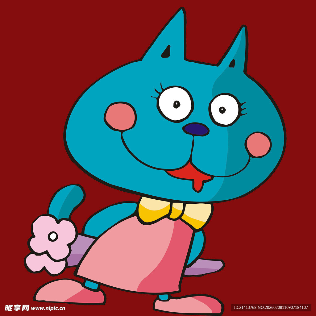 蓝色卡通猫手持花朵