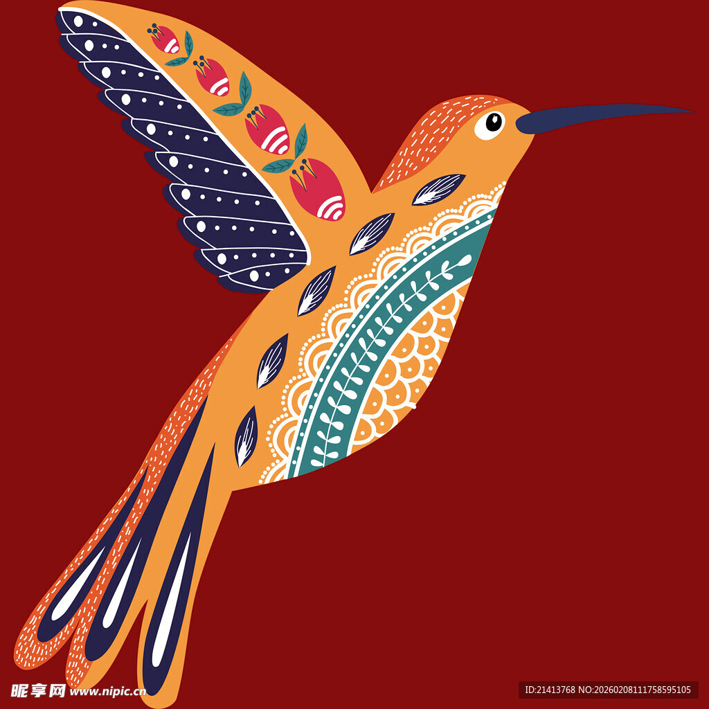 彩色花纹蜂鸟插画