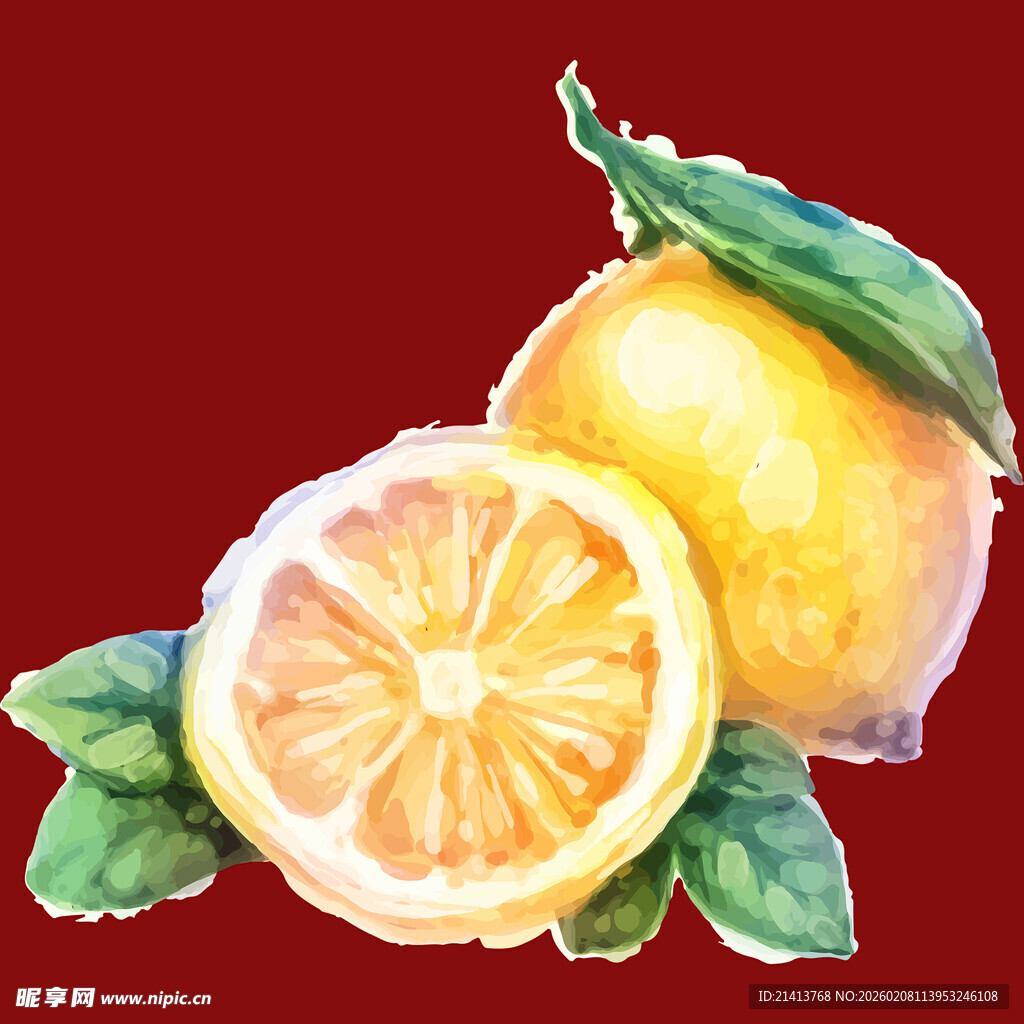 水彩绘鲜柠檬与绿叶
