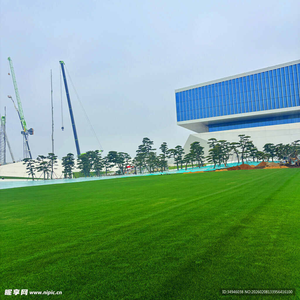 蓝顶建筑旁的翠绿草坪