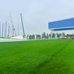 绿茵场地与远处建筑景观