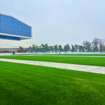 现代建筑旁的翠绿草坪