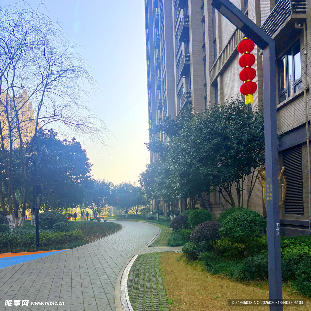 小区内的幽静步道与红灯笼