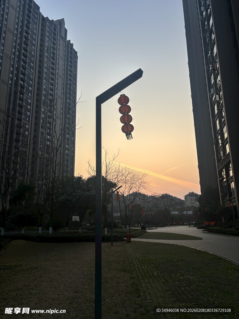 黄昏下的城市路灯景观