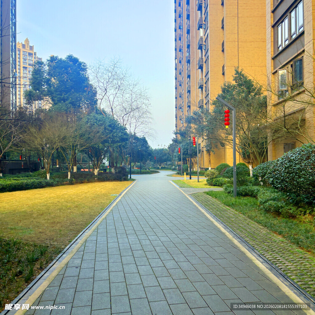 小区内的静谧砖石步道