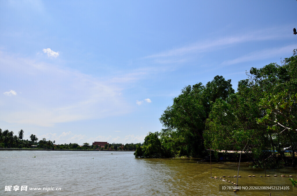 马来西亚河畔绿树成荫的美丽风光