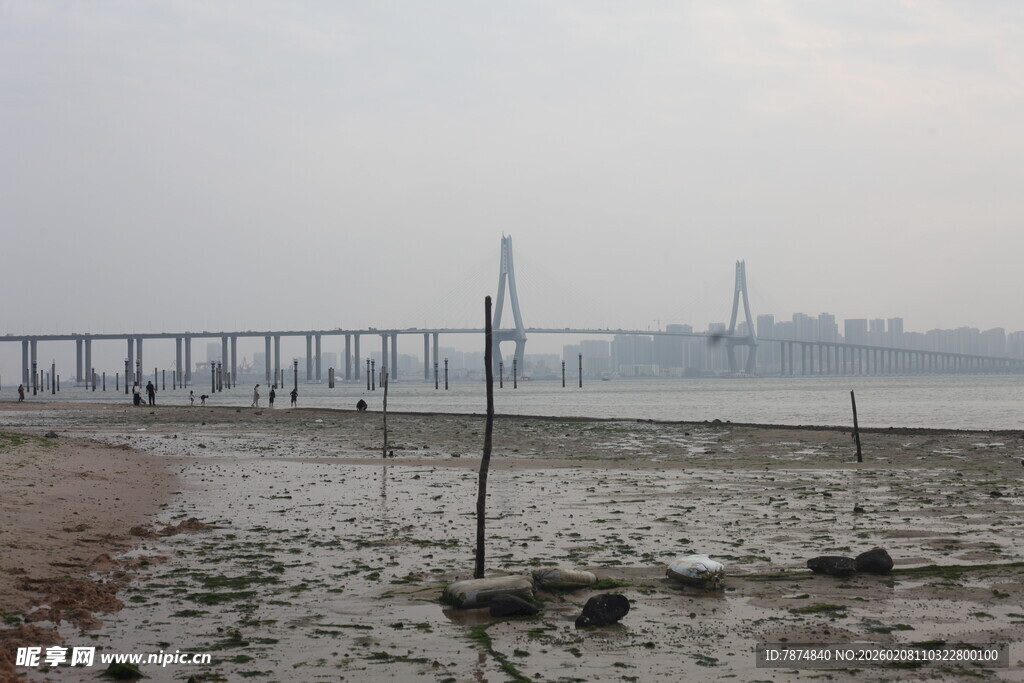 湛江雾中江畔桥梁远景
