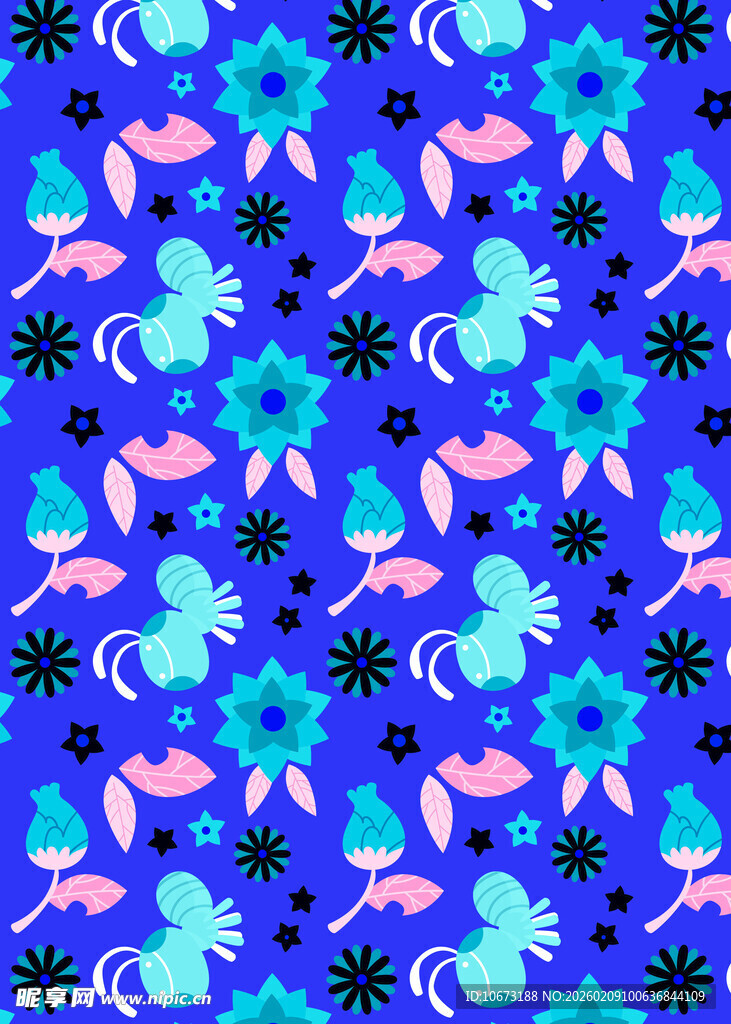 蓝紫花卉动物图案背景