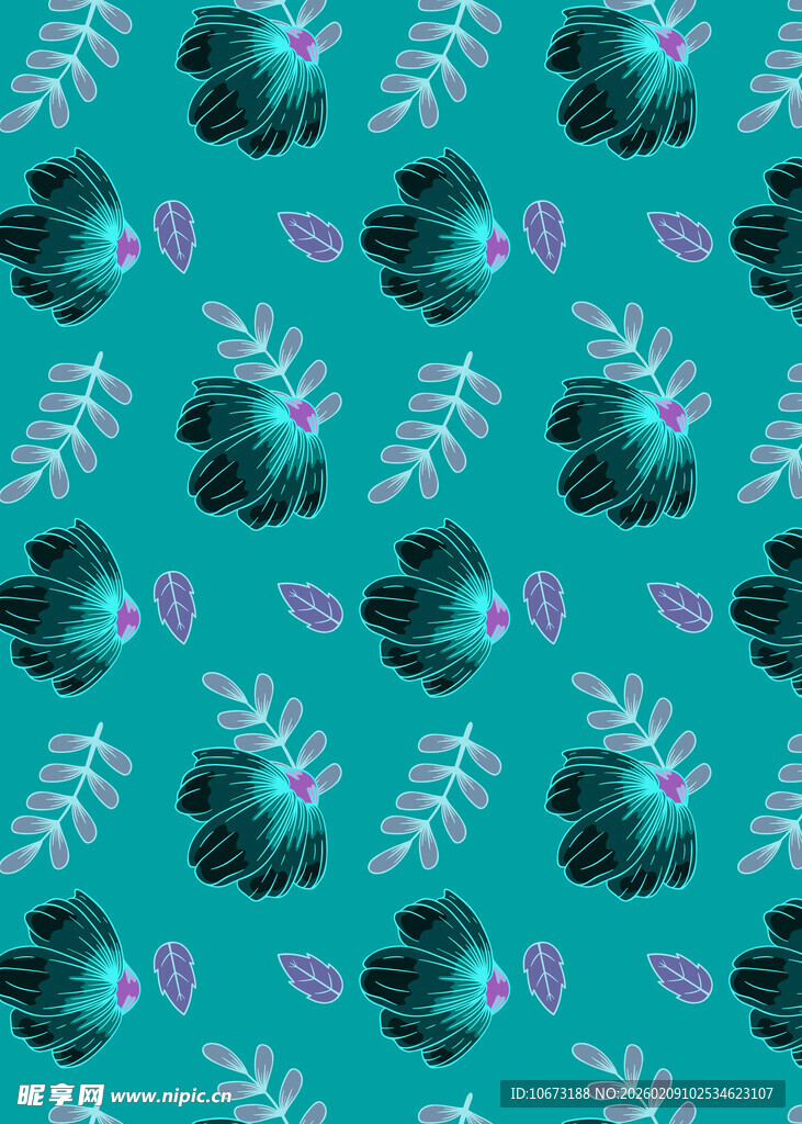 蓝绿底花卉植物图案背景