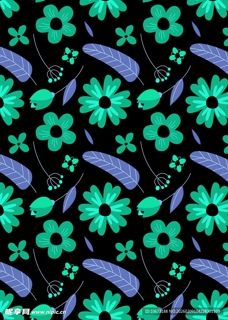黑色底花卉绿叶图案