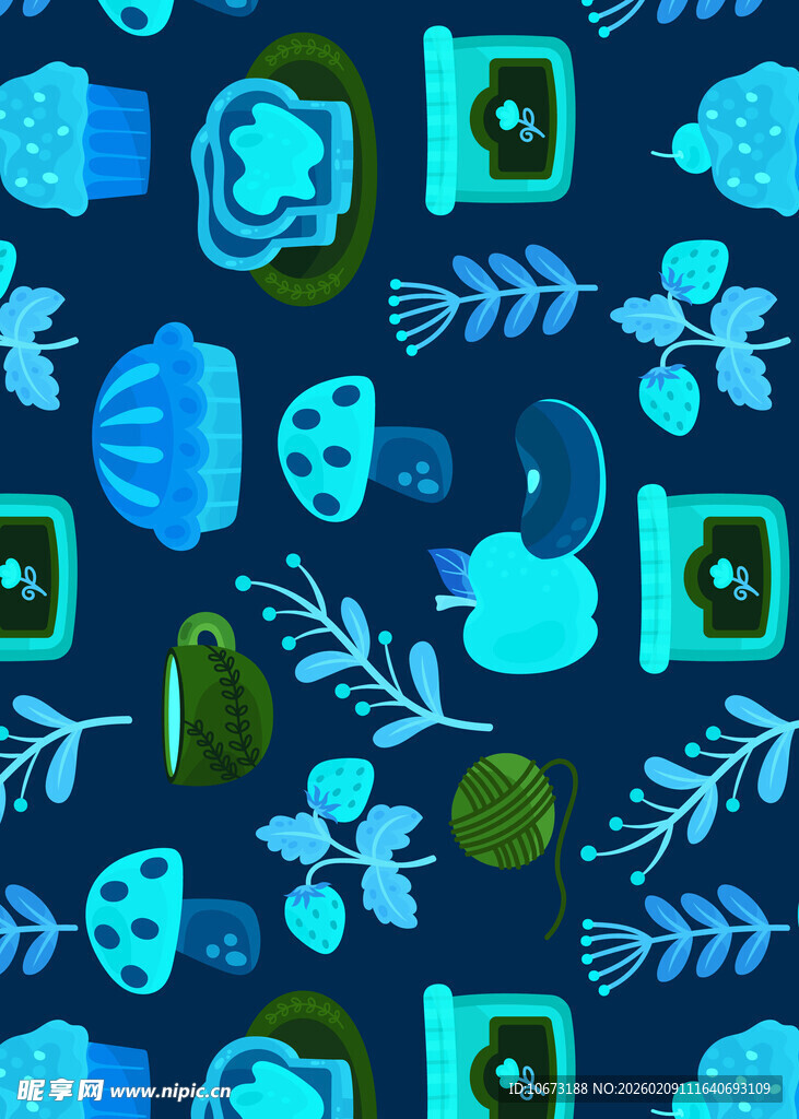 蓝色卡通风格图案元素集合