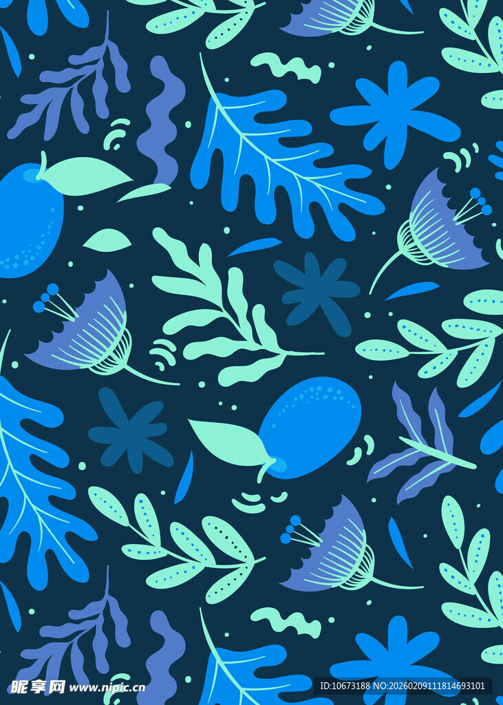 蓝绿植物小鸟图案纹理
