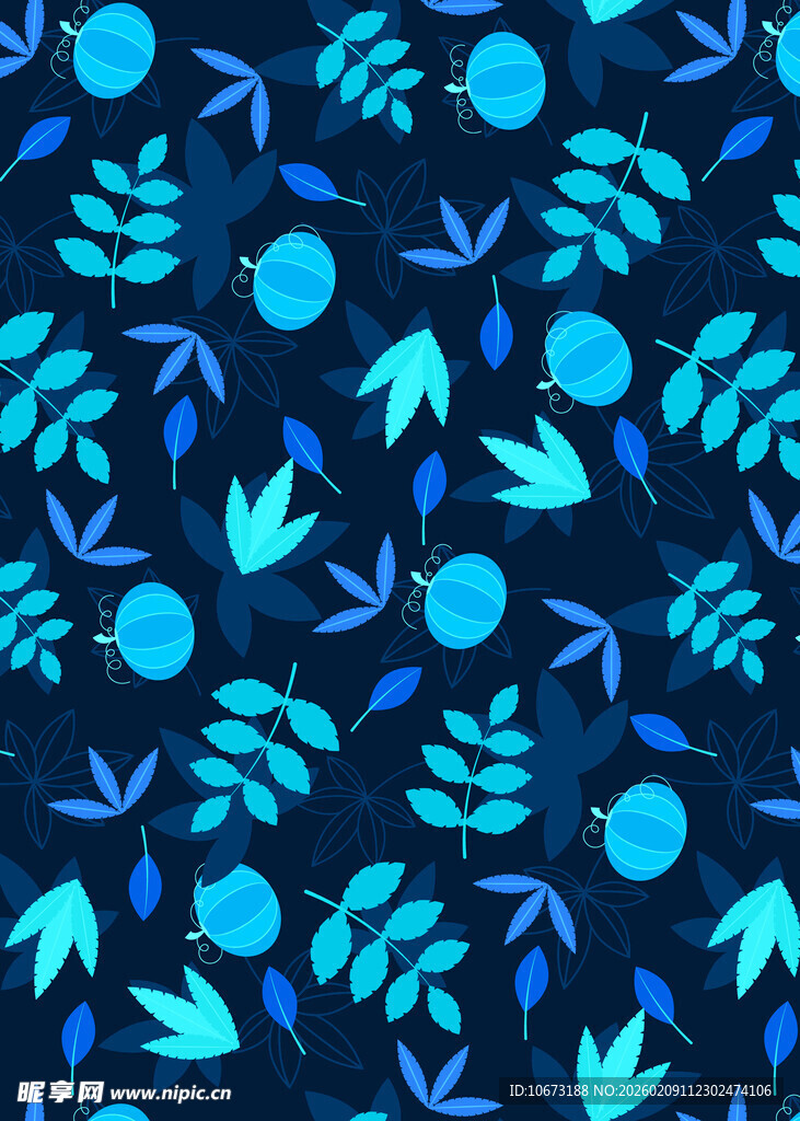 蓝色植物图案无缝背景图