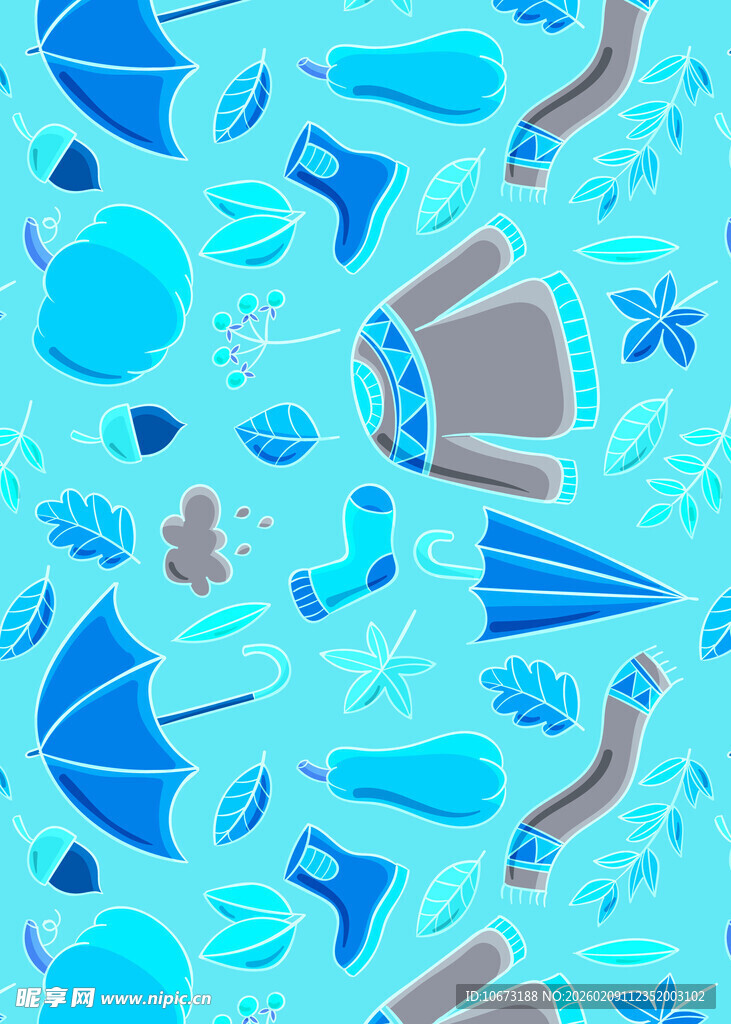 蓝色系卡通日常物品图案