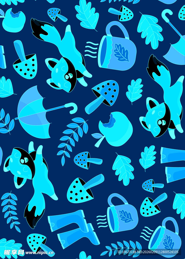 蓝色森林动物植物图案