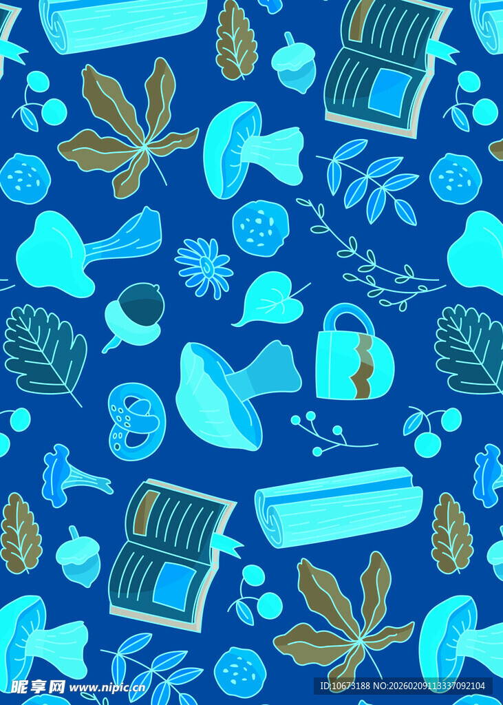 蓝色手绘风自然元素图案