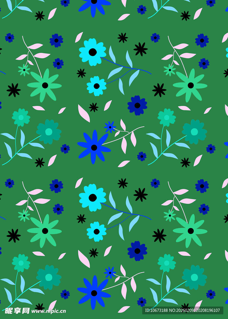 绿色底蓝花植物图案