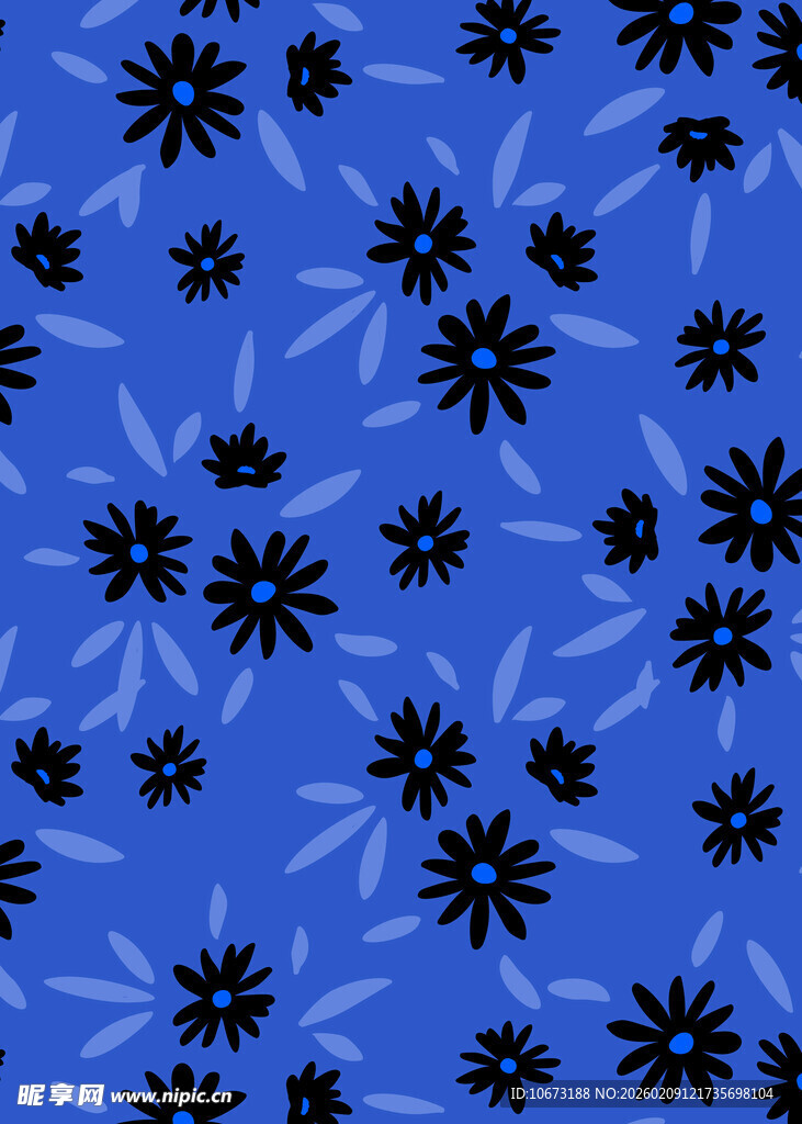 蓝色背景黑色小花图案