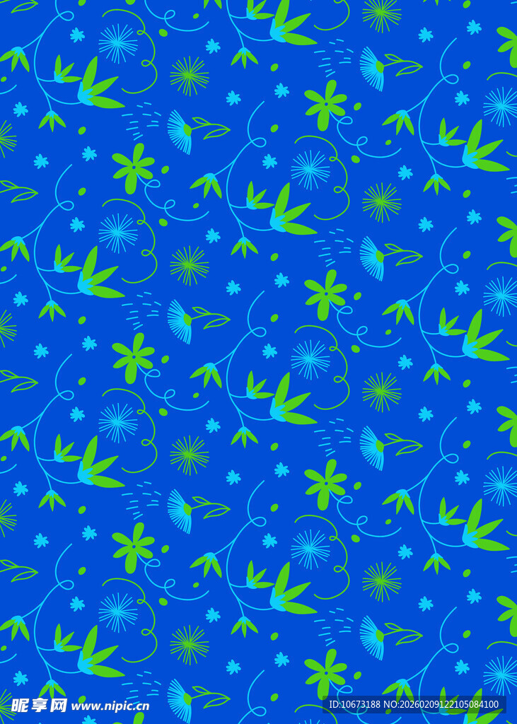 蓝色底绿叶碎花图案背景