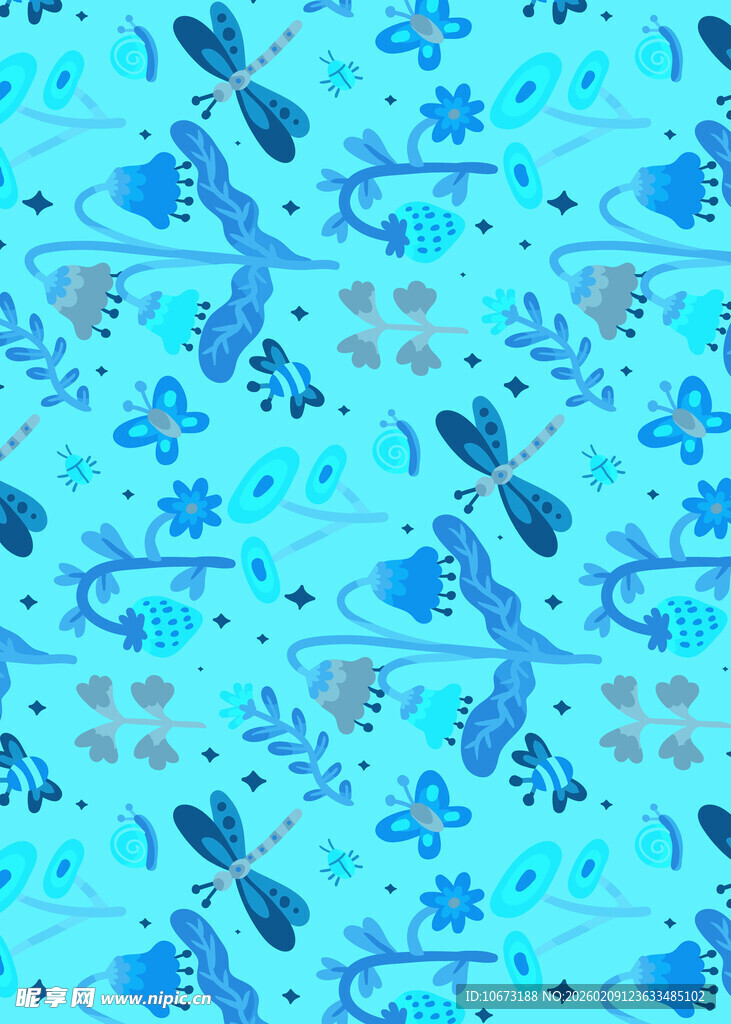 蓝色蜻蜓花卉图案背景