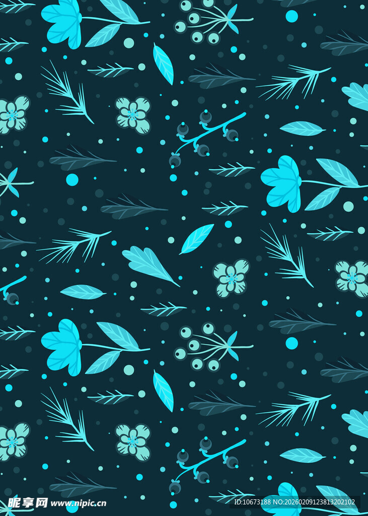 蓝色花卉枝叶无缝图案