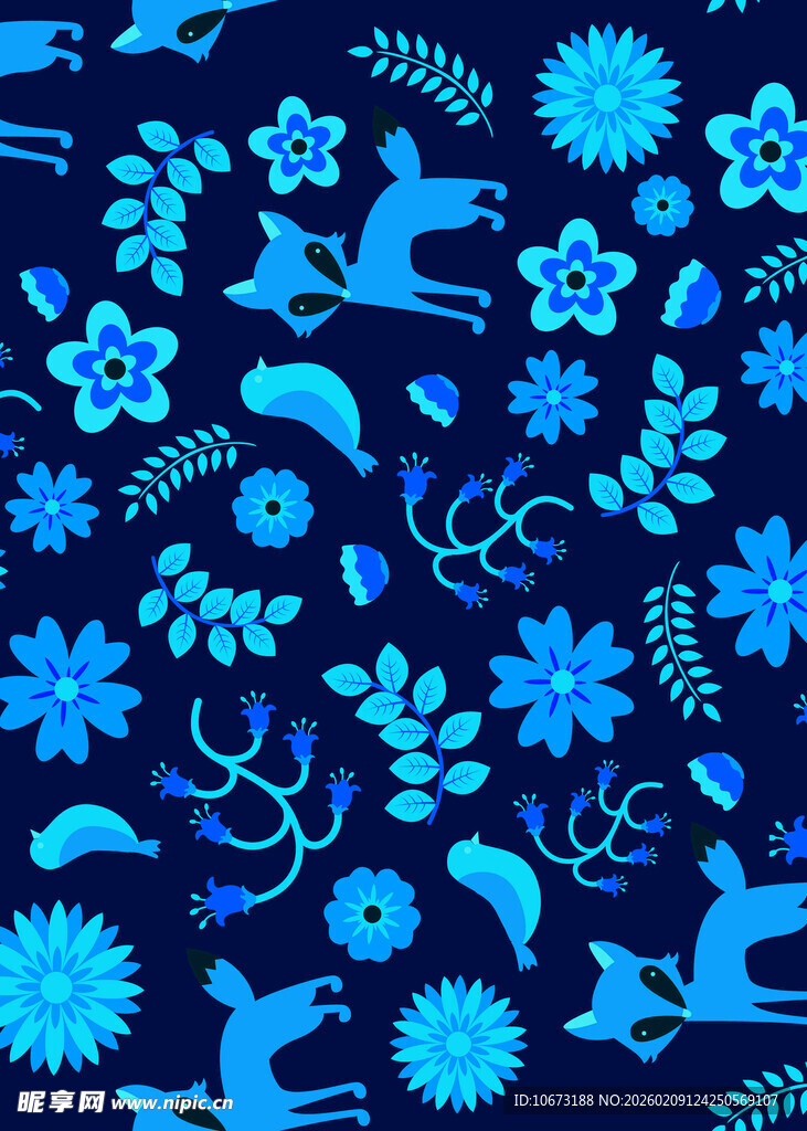 蓝色花卉动物图案背景