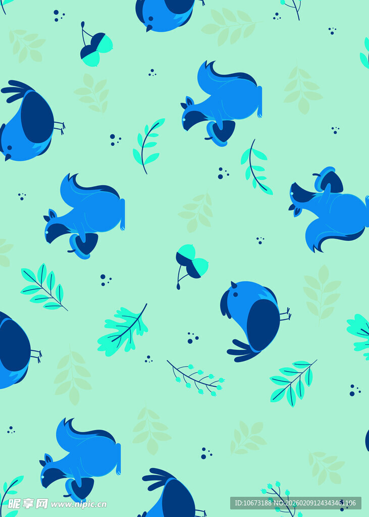 蓝色卡通动物植物图案背景