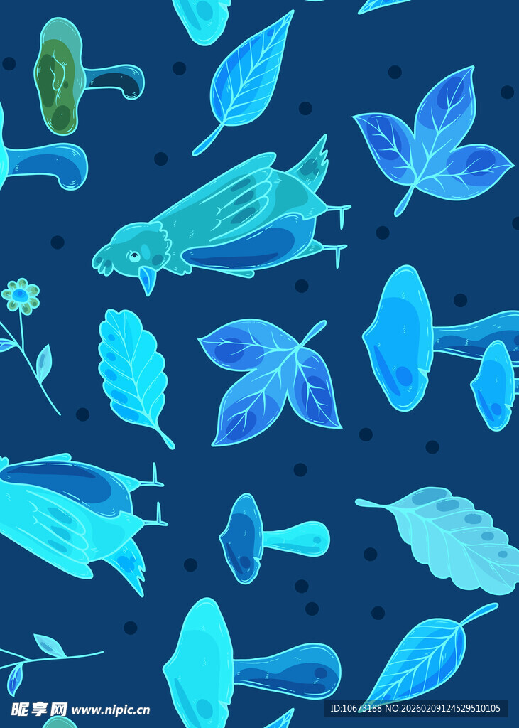 蓝色梦幻昆虫与植物图案