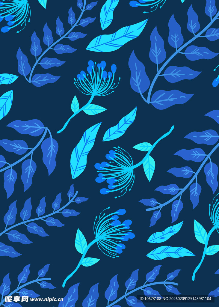 蓝色水彩风植物花纹图案