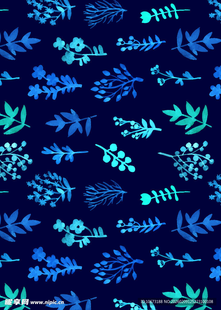深蓝底清新植物图案布料