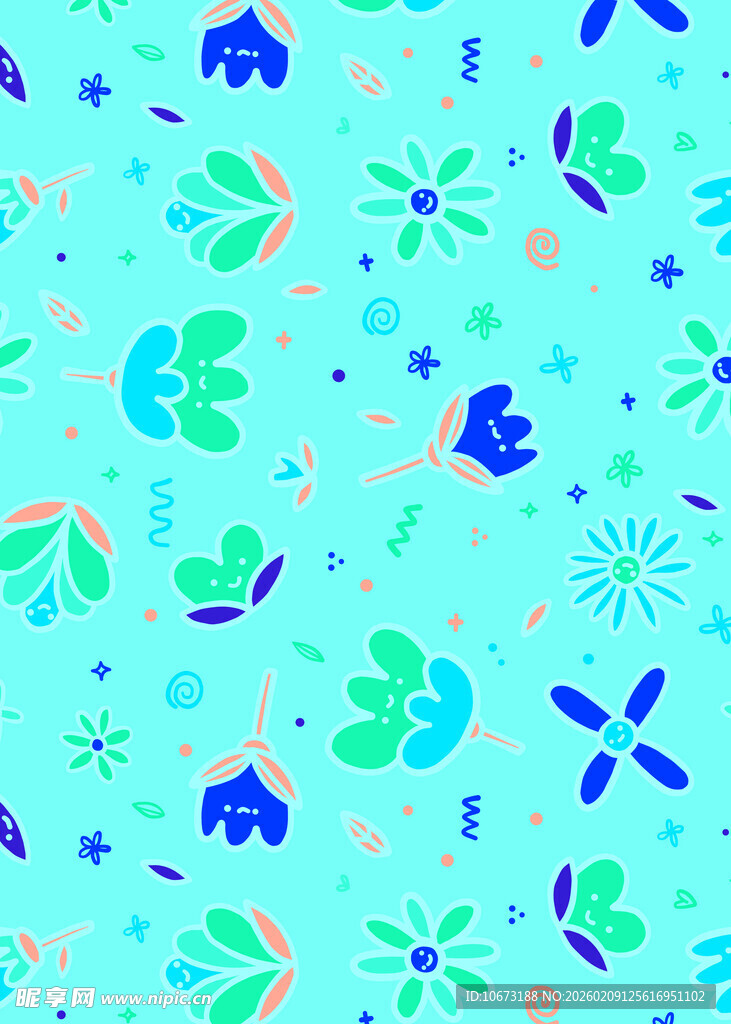 清新蓝绿花卉图案背景