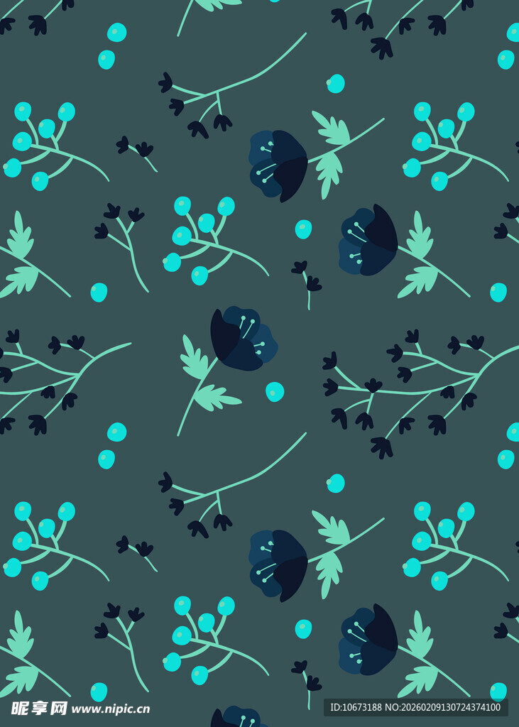 深灰底蓝绿花卉植物图案