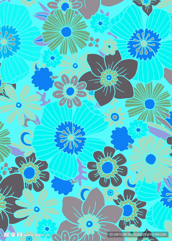 蓝底多彩花卉图案布料