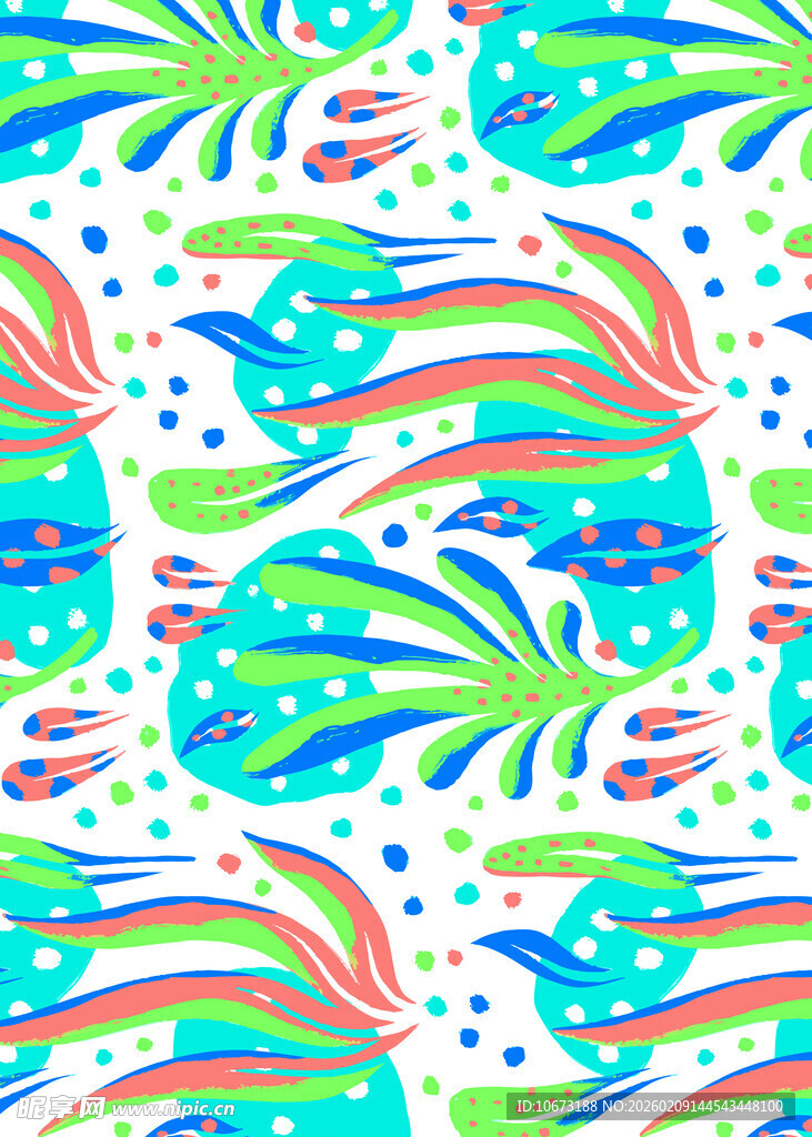 多彩海鱼与植物图案背景
