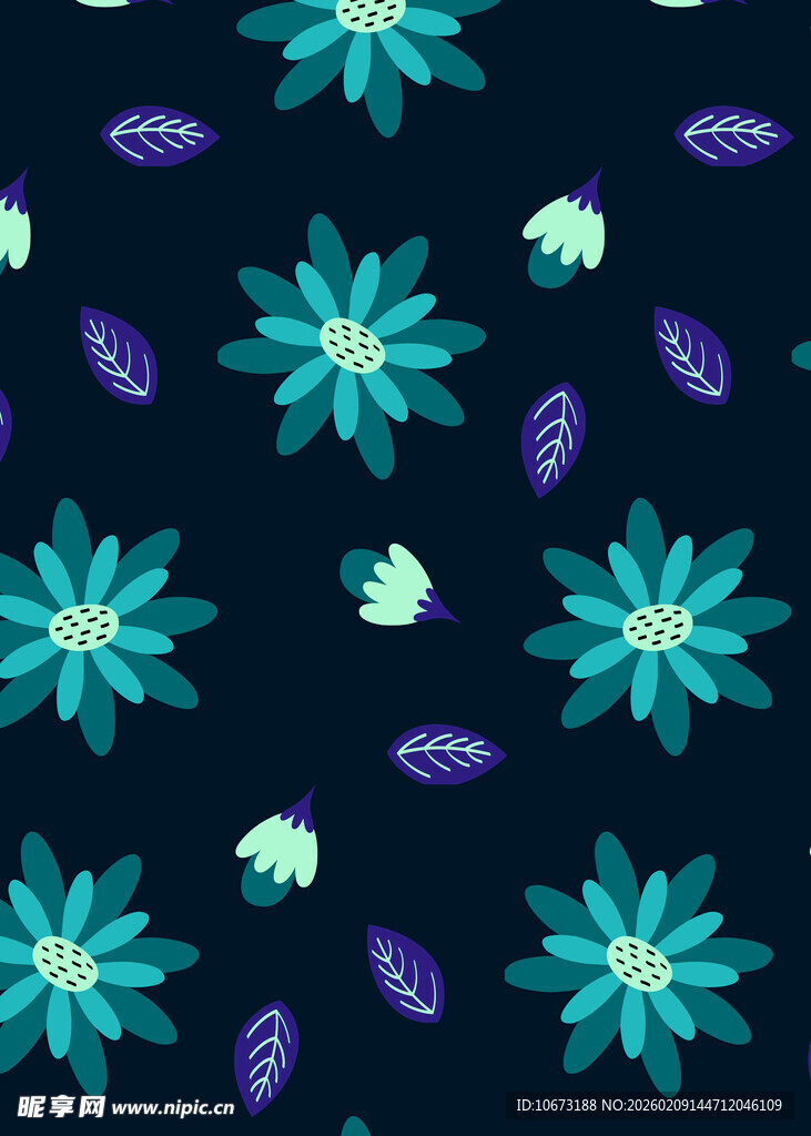 深蓝底蓝绿花卉叶图案